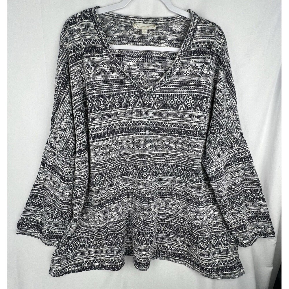 Weekend by Suzanne Betro 3X Navy White Boho Knit Tunic Top V-Neck Transitional‎